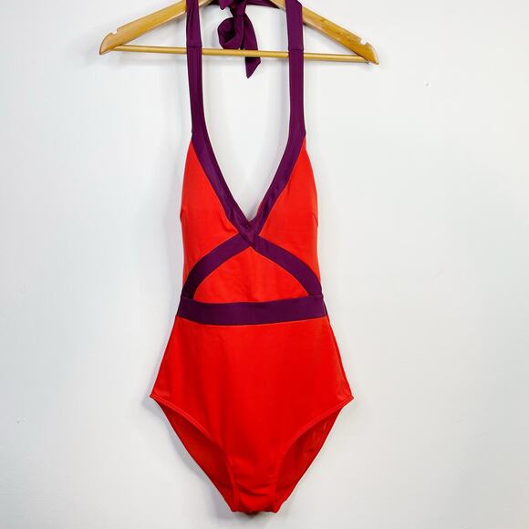 Boden Kefalonia One Piece Halter Swimsuit Swim Red Purple Womens 6L 6 Long Tall - Picture 2 of 16